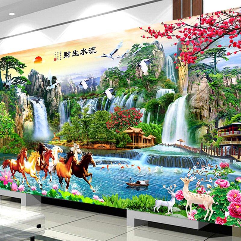 2025新款钻石画客厅满钻流水生财山水风景大画点钻马到成功十字绣