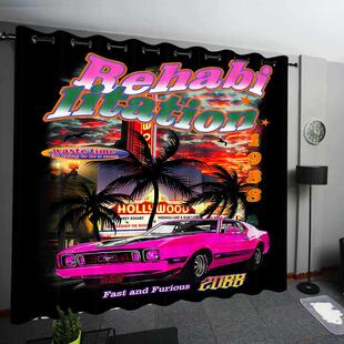 黑色美国覆古车工业度假风格车柯桥原创数码印花加厚遮光布窗帘