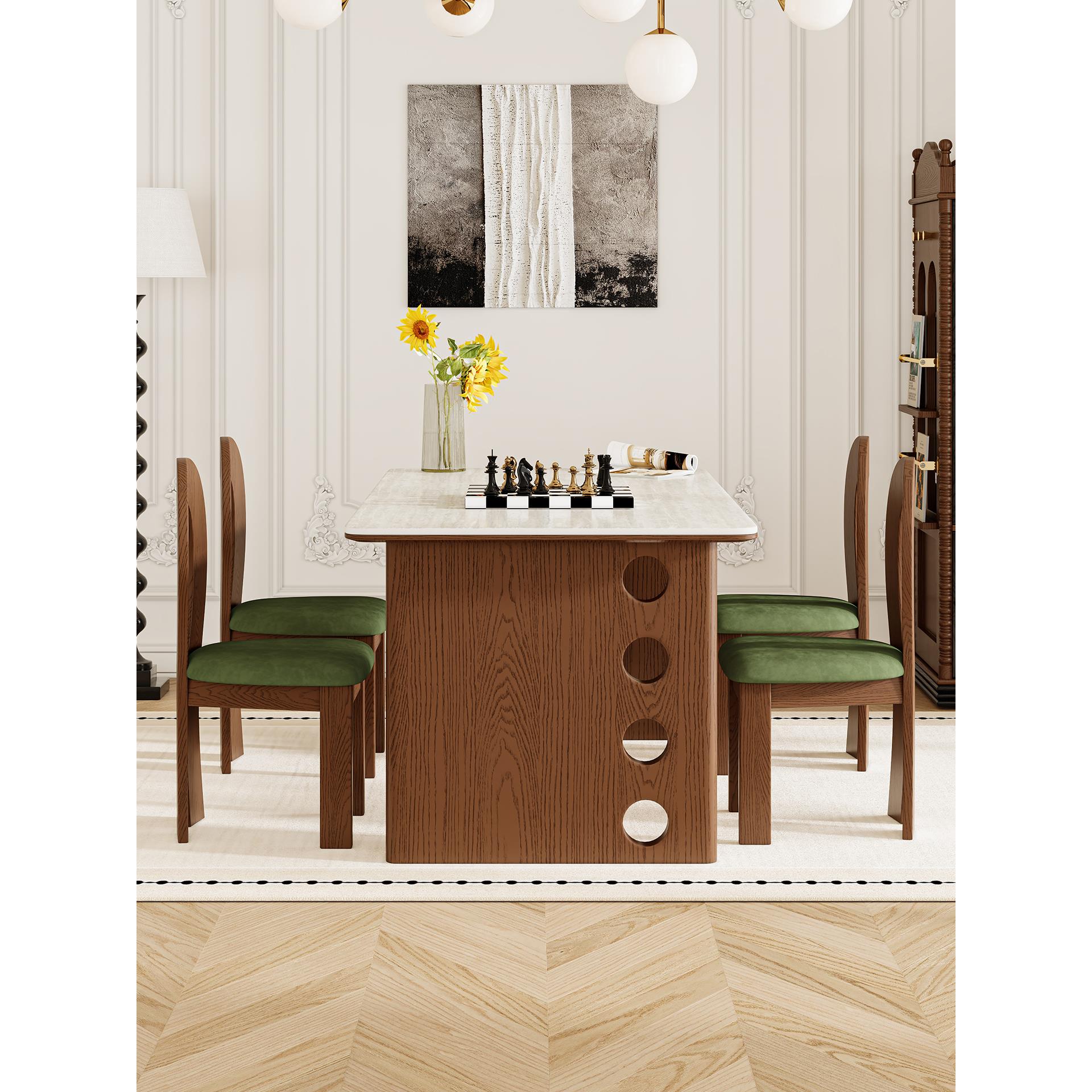 中古风洞石岩板餐桌家用靠墙小户型饭桌法式覆古风实木白蜡木餐桌