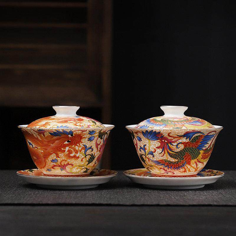 珐琅彩不烫手盖碗景德镇功夫茶具泡茶三才盖碗茶杯单个龙凤敬茶碗,餐饮具,盖碗,淘宝优惠券,粉丝福利购,淘宝优惠卷