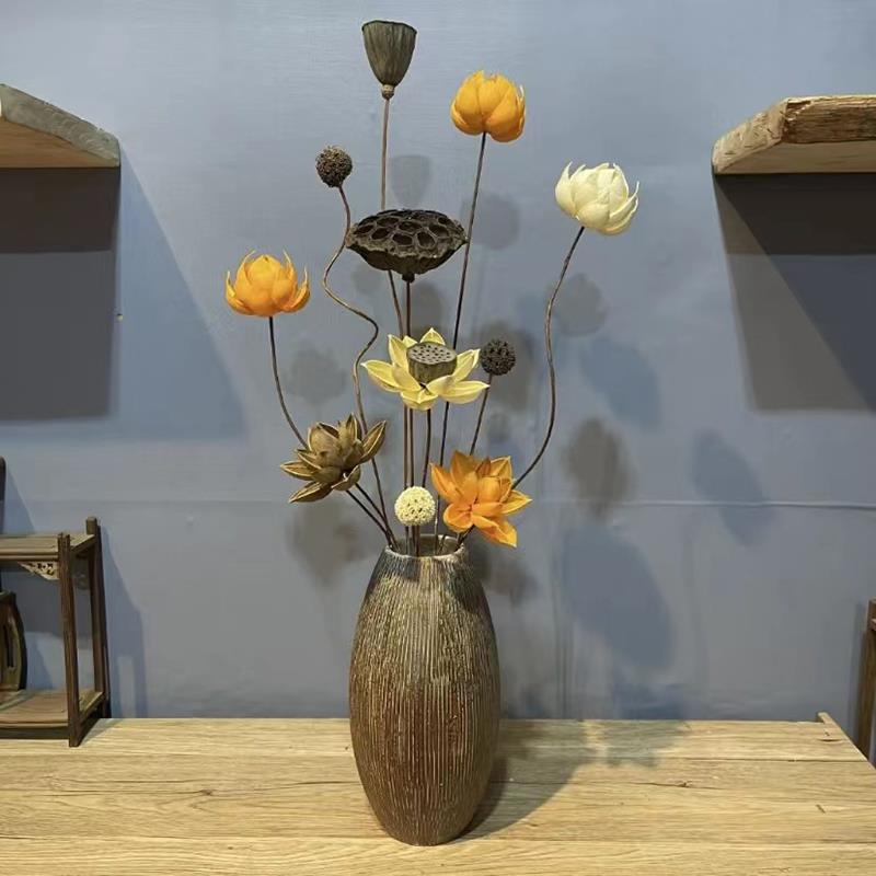 覆古进口干 干花花束莲蓬紫荆真花永生花玄关斗柜客厅装饰摆件高