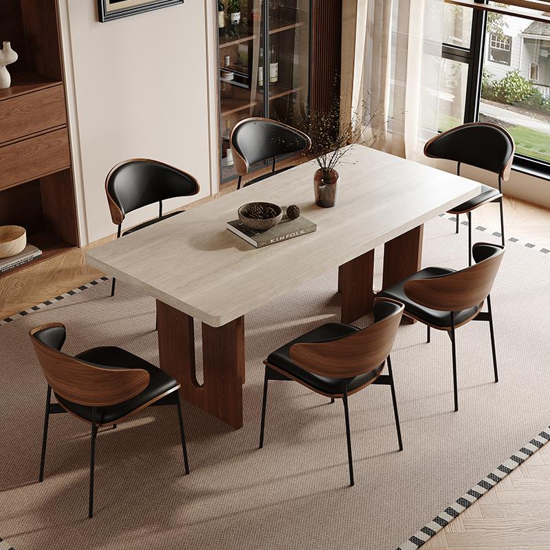 覆古洞石岩板餐桌家用小户型现代简约设计师别墅中古风下挂饭桌子