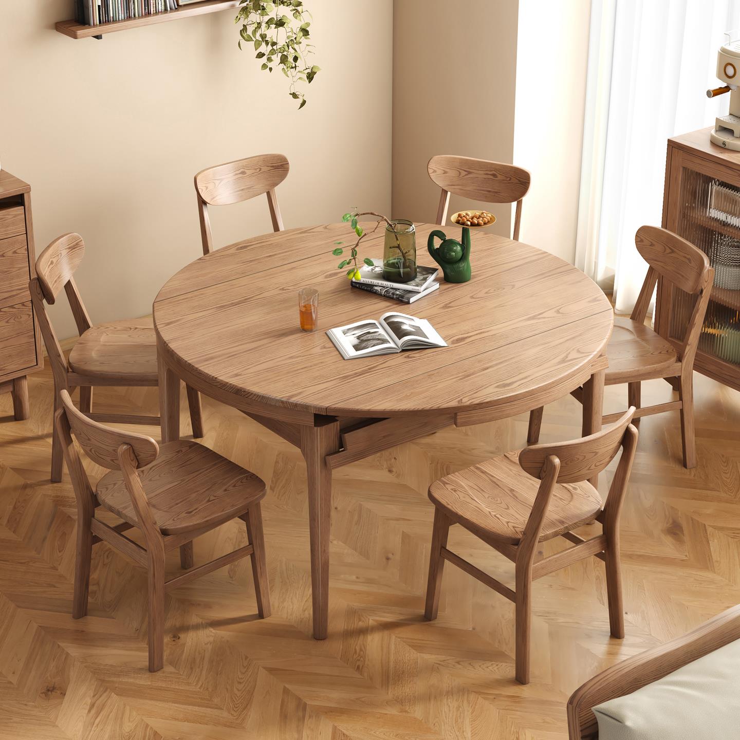 北欧全实木餐桌多功能家用折叠伸缩圆桌现代简约白蜡木餐桌椅组合