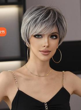 wig欧美假发全头套女仿真人发丝假发套短发白金挑黑女士发型自然