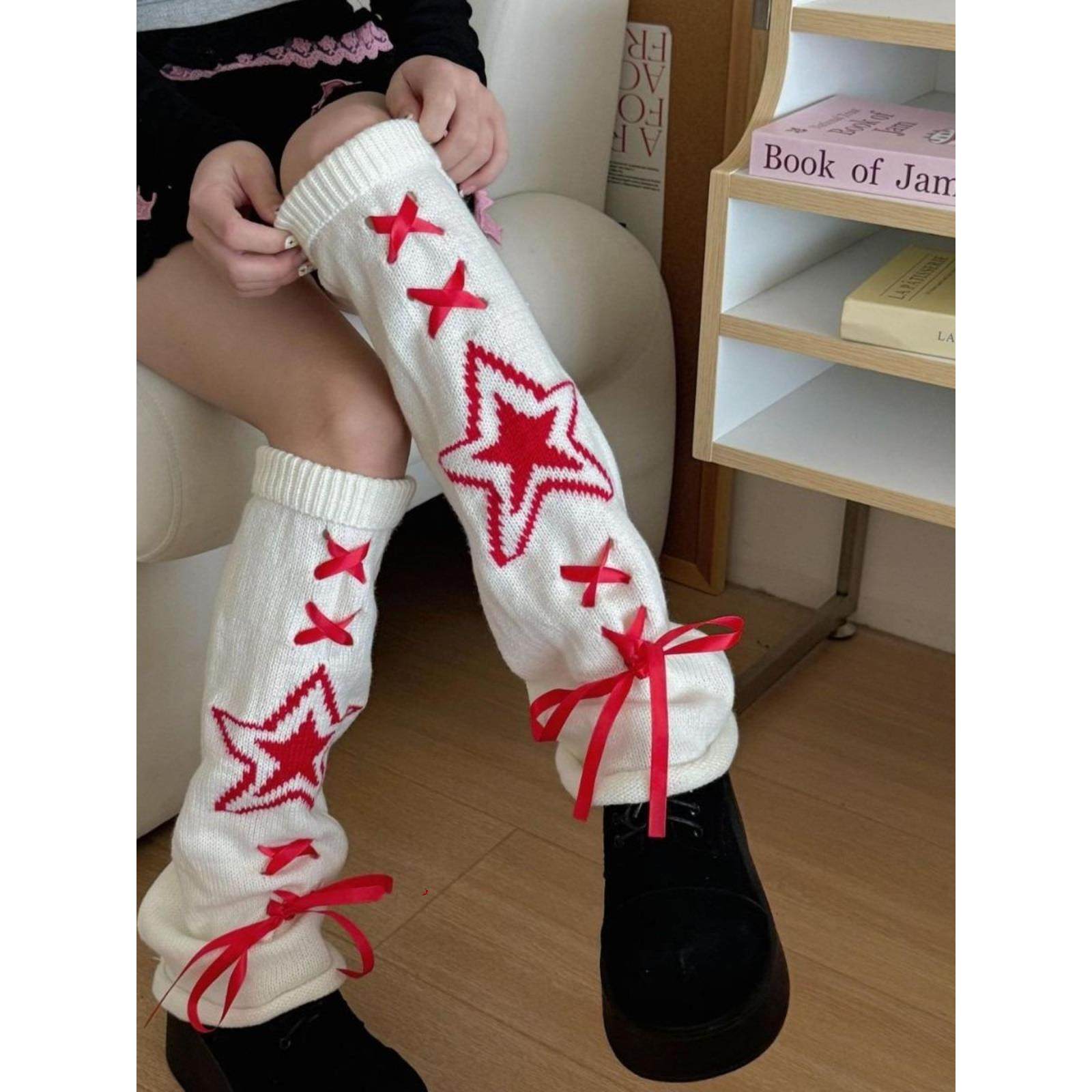 秋冬小众红色五角星绑带蝴蝶结喇叭针织保暖腿套辣妹y2k堆堆袜套
