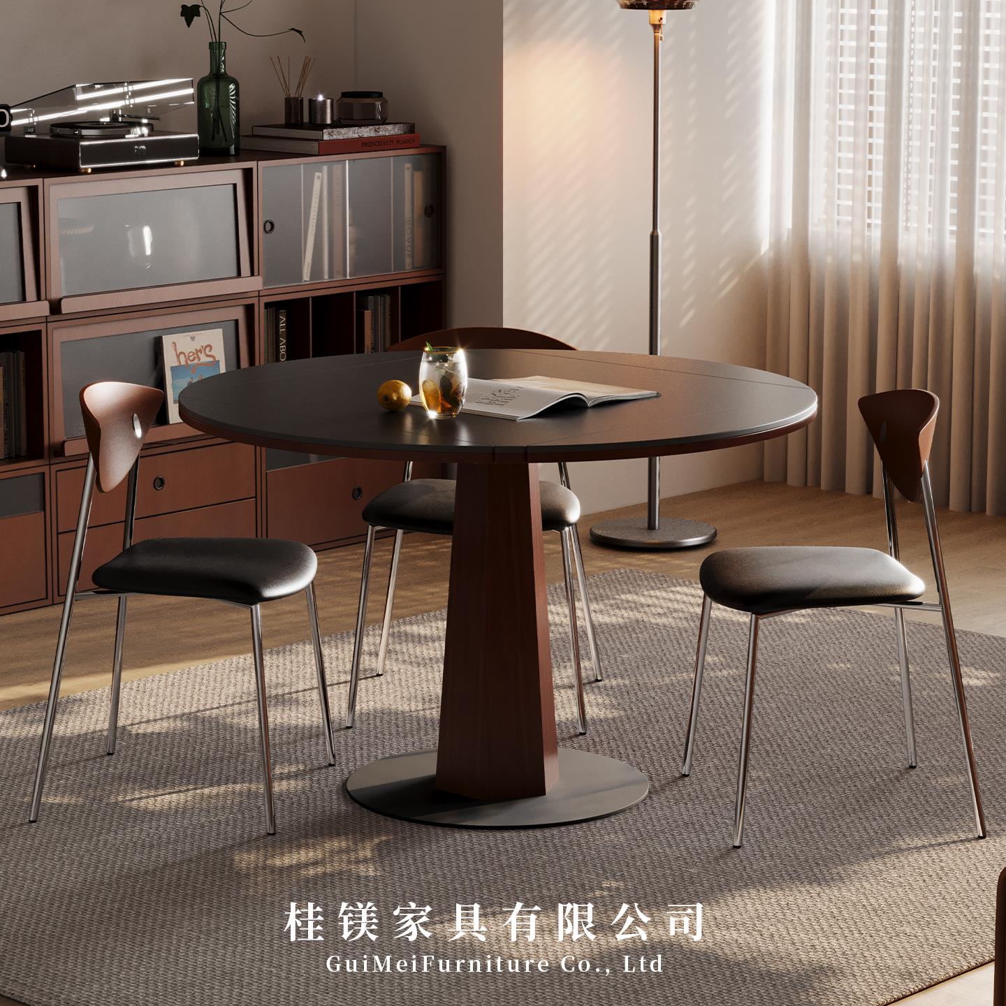 法式覆古实木折叠黑色岩板圆形餐桌家用小户型中古风伸缩圆餐桌