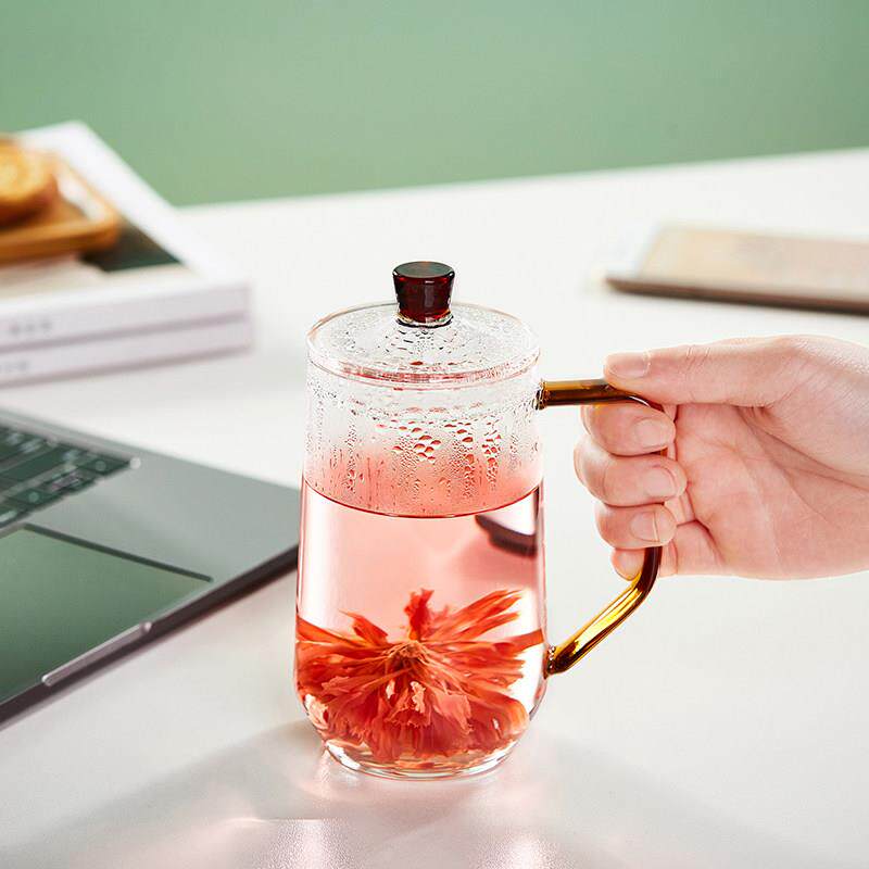 加厚耐热玻璃杯耐高温茶杯带盖子带把手水杯果汁杯男女办公室泡茶
