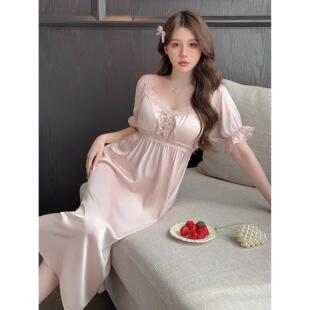 2025新款冰丝带胸垫睡裙女夏季短袖法式公主风中长款睡衣收腰显瘦