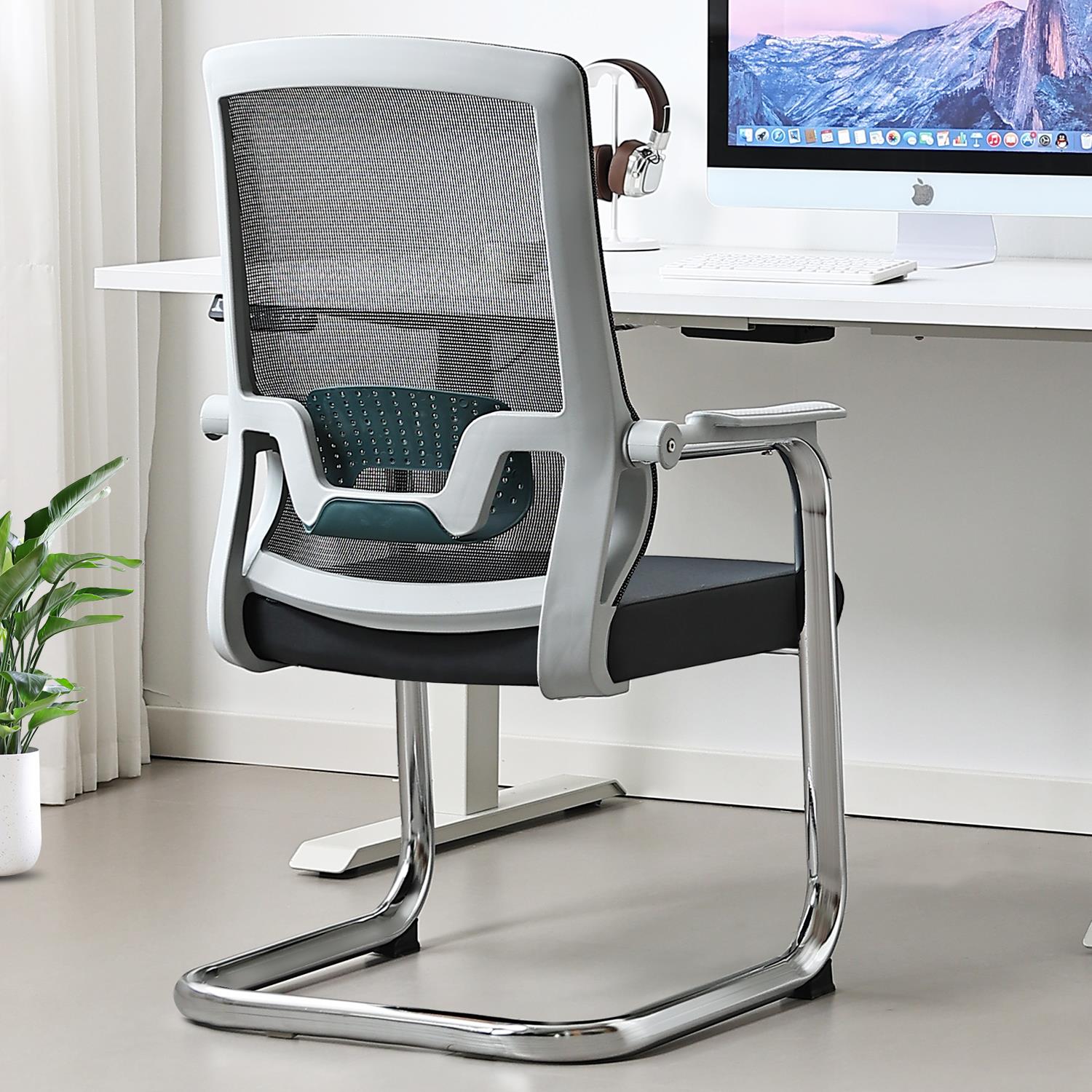 电脑椅家用办公椅护腰舒适靠背椅弓形网布椅棋牌室椅子会议会客椅