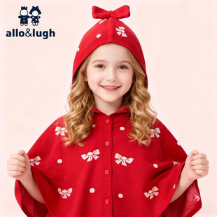 阿路和如女童红色针织斗篷春秋款女宝allolugh毛织防风披风小披肩