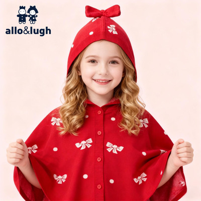 阿路和如女童红色针织斗篷春秋款女宝allolugh毛织防风披风小披肩