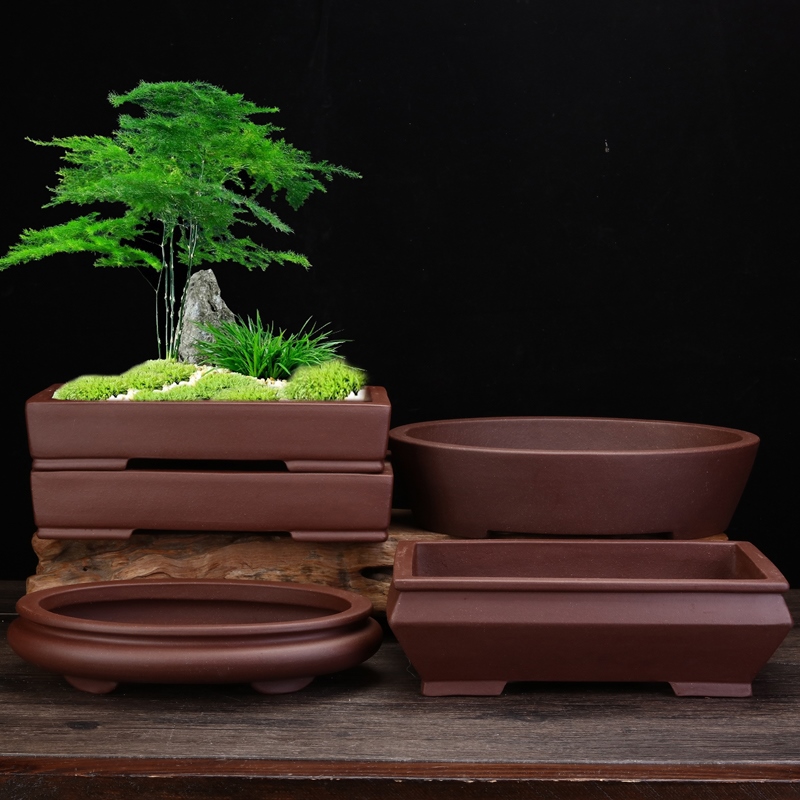 宜兴紫砂花盆精品长方形桌面创意盆景榕树文竹室内假山造景中国风