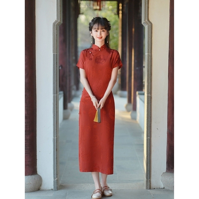 红色旗袍2023年新款夏季女年轻款古法全开襟新中式国风改良连衣裙