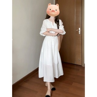 气质高级感v领白色连衣裙子女夏2024新款法式度假风半袖收腰长裙