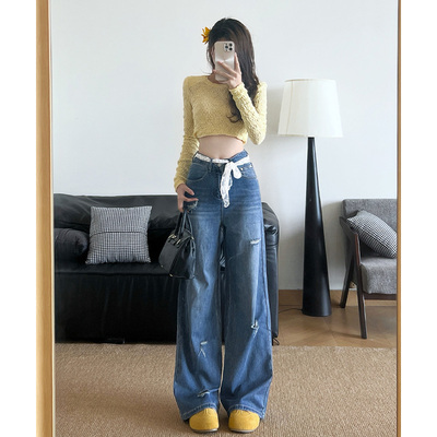 美式辣妹破洞小个子阔腿牛仔裤