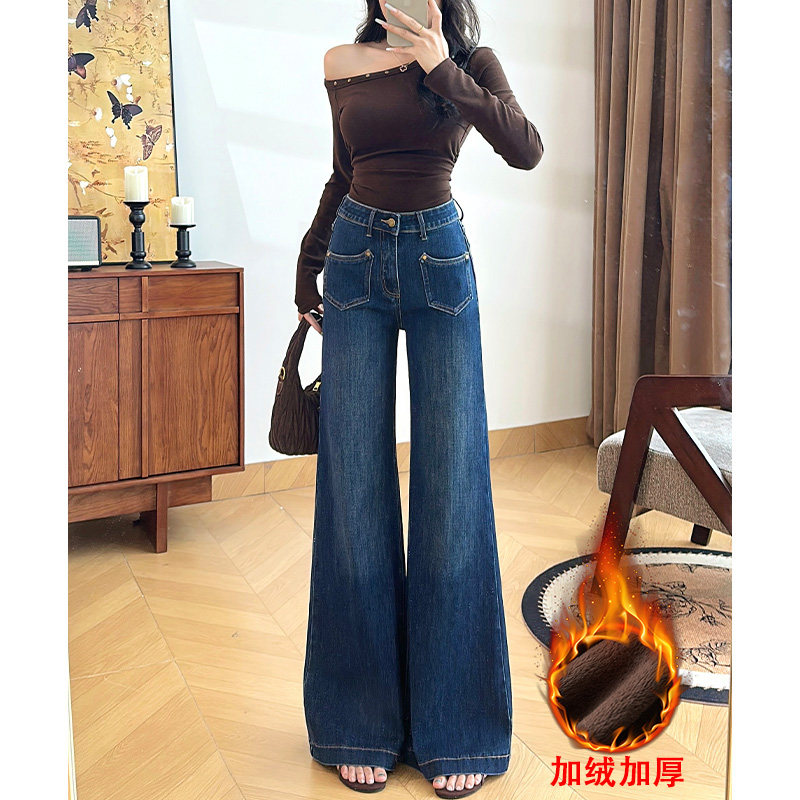 乔栈复古蓝阔腿微喇牛仔裤女2025年秋冬新款加绒高腰不贴腿显瘦,女装/女士精品,牛仔裤,淘宝优惠券,粉丝福利购,淘宝优惠卷