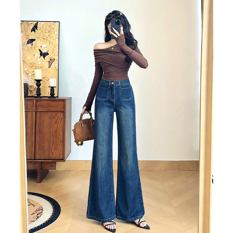 乔栈复古蓝设计感不贴腿微喇牛仔裤女秋新款高腰提臀显瘦休闲长裤