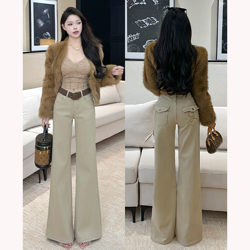 乔栈卡其色刺绣老钱风微喇牛仔裤女春秋高腰设计感气质阔腿裤图片