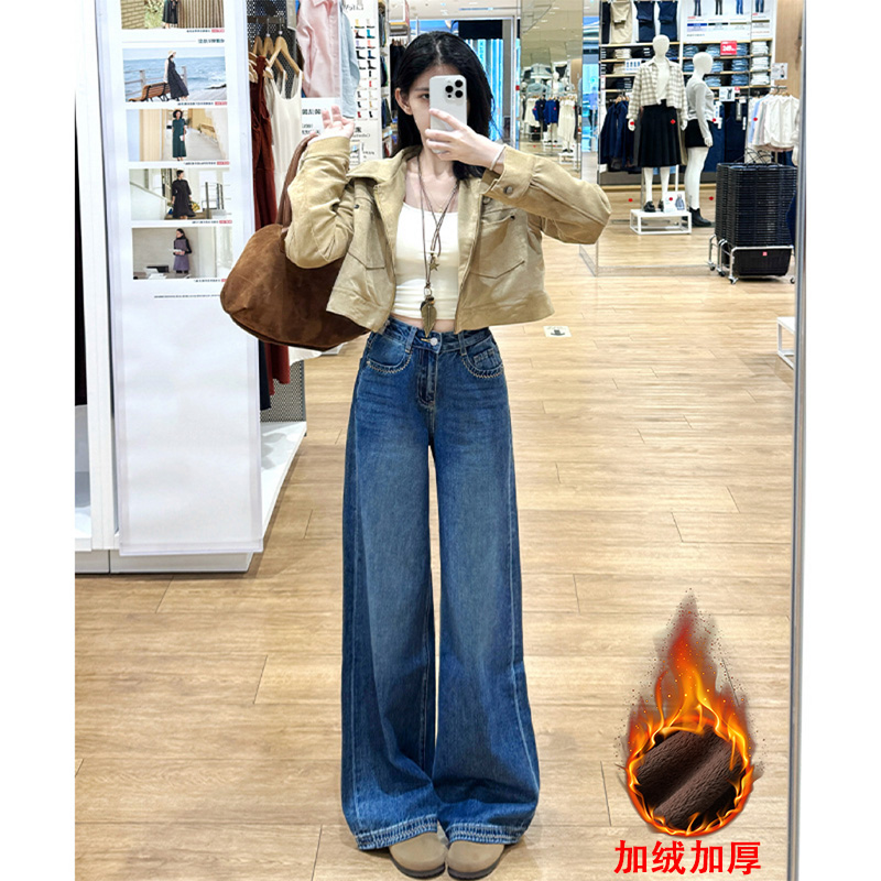 乔栈秋冬新款加绒刺绣阔腿牛仔裤女高腰复古设计感显瘦小个子穿搭