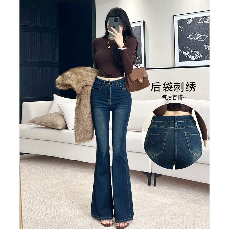 乔栈复古蓝弹力微喇牛仔裤女秋冬新款高腰修身显瘦气质设计感喇叭图片