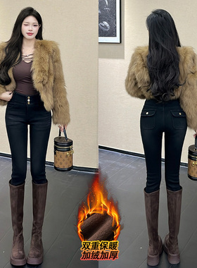 乔栈黑色加绒小脚牛仔裤女2026年冬季爆款高腰提臀弹力修身铅笔裤