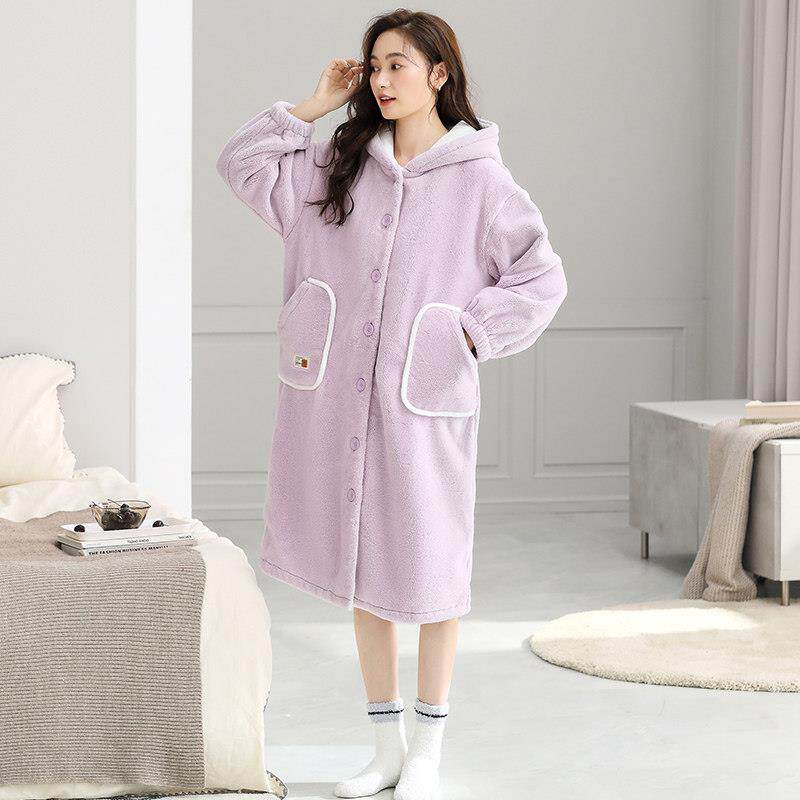 睡袍女秋冬季长版珊瑚绒2024新款保暖高级感连帽睡衣家居服套装冬
