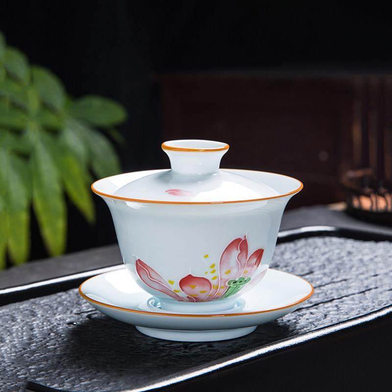 手绘荷花白瓷盖碗泡茶杯单个釉下彩三才茶碗陶瓷泡茶器不烫手茶具,餐饮具,盖碗,淘宝优惠券,粉丝福利购,淘宝优惠卷