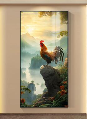 金鸡报晓玄关装饰挂画 画镇宅山水画 画新中式入户门正对墙大红色