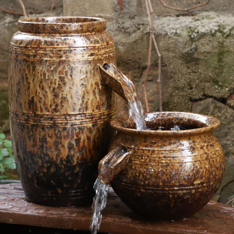 室外庭院景观造景流水摆件瀑布养鱼池神器古法循环水生态鱼缸陶罐