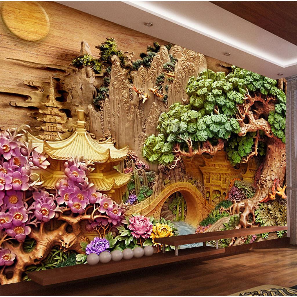 3d新中式浮雕电视背景墙碳晶板客厅沙发竹木纤维板大堂前台护墙板