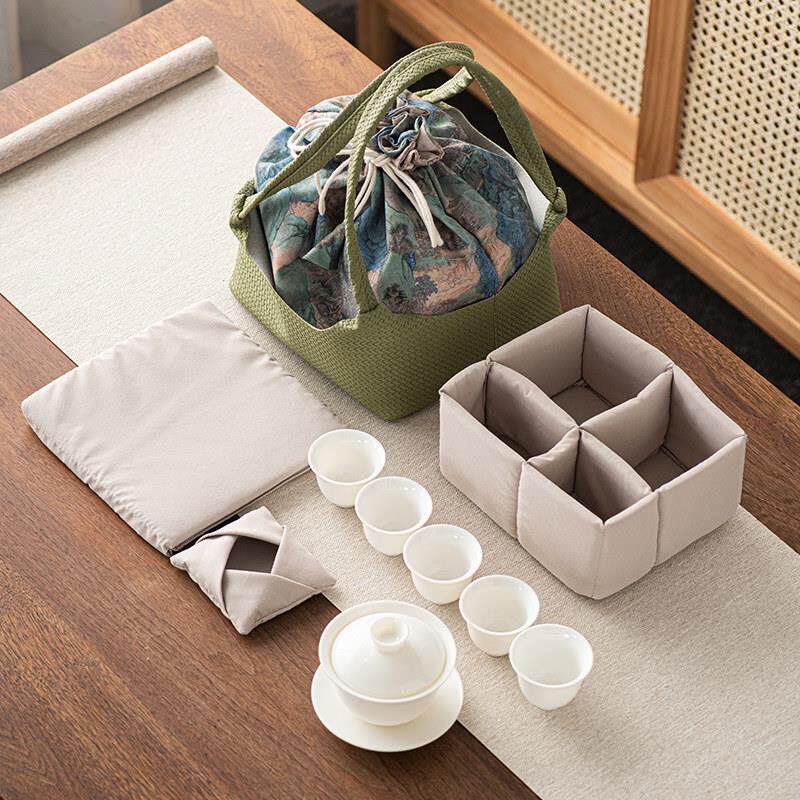 茶具收纳包便携式藤编棉麻手提束口袋创意茶壶茶杯大容量收纳袋