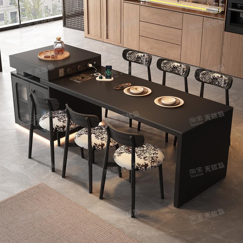 意式极简可伸缩倒台加餐桌一体式家用餐厅岩板中岛台厨房黑色导台