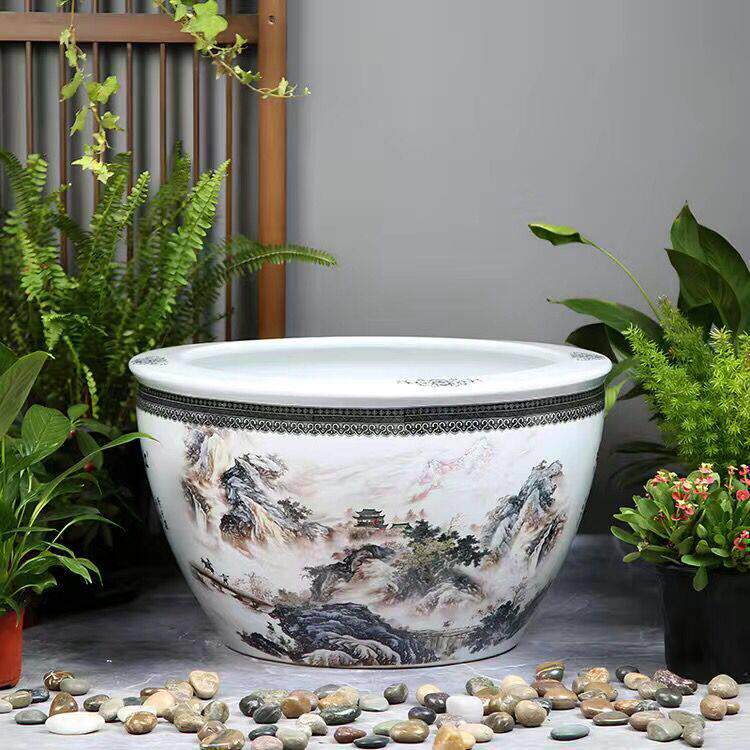 景德镇青花手绘陶瓷荷花碗莲缸养鱼缸盆阳台客厅风水缸金鱼乌龟盆