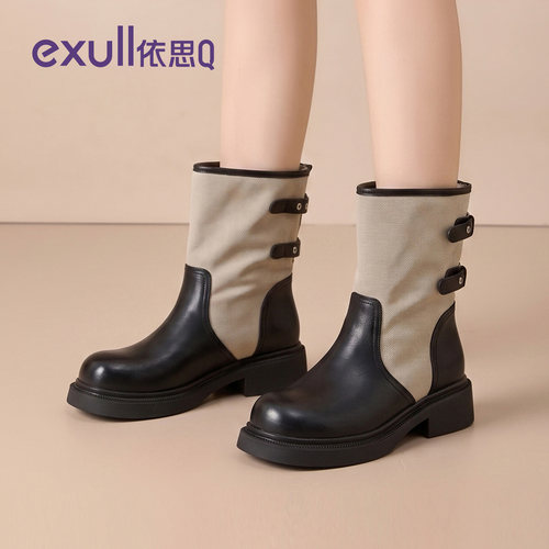 依思q黑色厚底复古机车短靴女款