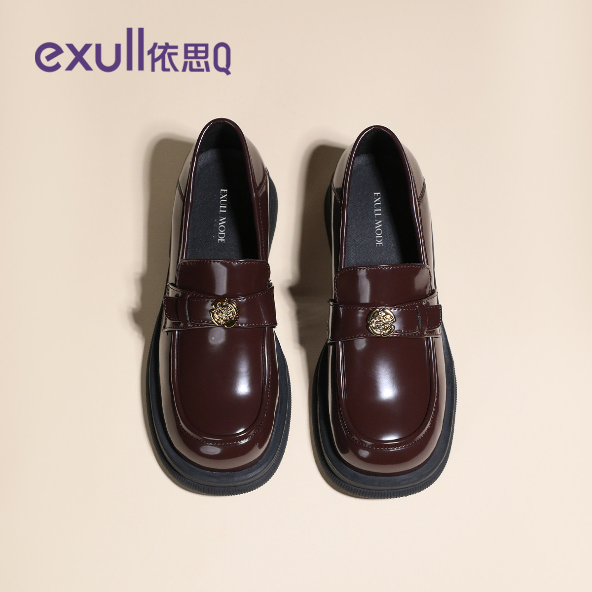 依思q厚底乐福鞋女2025新款英伦风黑色小皮鞋女款山茶花开春单鞋,女鞋,乐福鞋（豆豆鞋）,淘宝优惠券,粉丝福利购,淘宝优惠卷