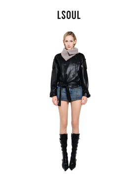 LSOUL 2025秋冬新款酷感简约风黑色短款皮衣女翻领系带夹克外套