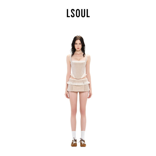 LSOUL MONI 复古条纹设计感法式吊带显瘦百褶短裙度假风套装