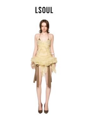【钟丽丽同款】LSOUL 鹅黄色吊带连衣裙蝴蝶收腰显瘦短款不规则裙