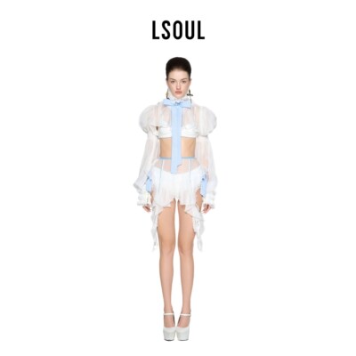 LSOUL 白色蕾丝拼接抹胸上衣流苏不规则半身裙蝴蝶结装饰套装女