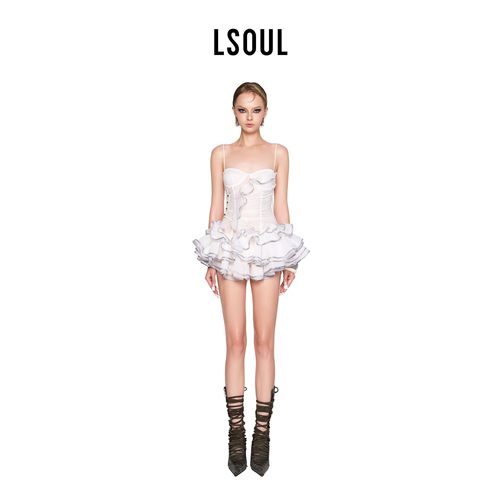 【段艺璇同款】LSOUL2025白色甜美吊带连衣裙花边摆裙PETAL