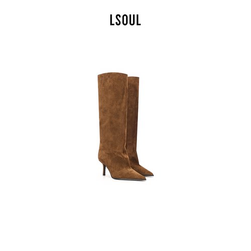 LSOUL 新款复古清新时装靴女百搭尖头细跟牛反绒皮高筒靴INNA