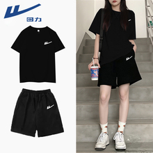 回力黑色休闲套装女夏季2025新款薄款冰丝速干跑步运动短袖两件套