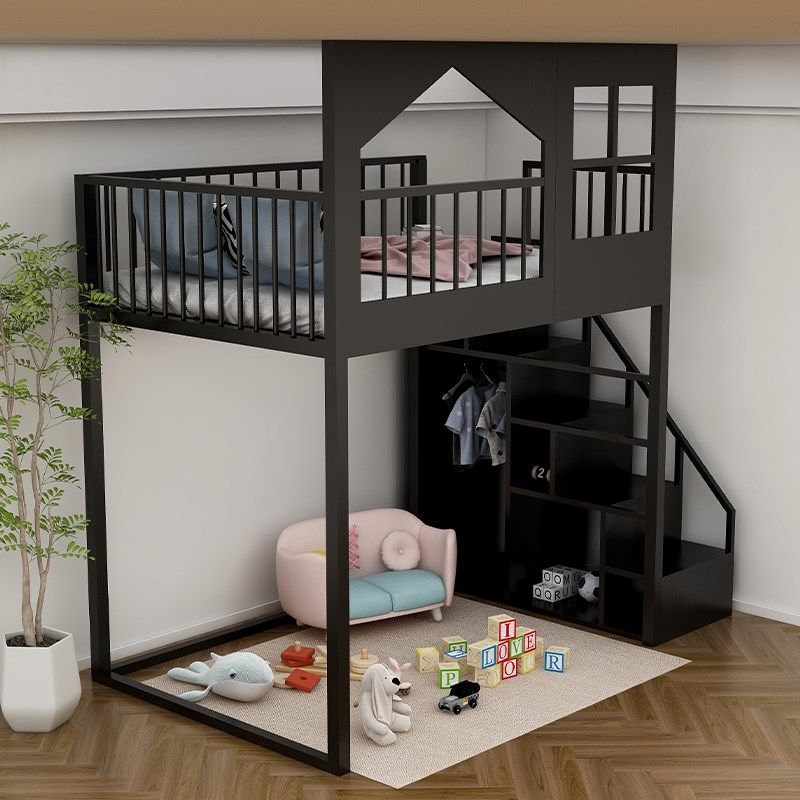 复式二楼c床双层半高架床儿童阁楼铁架低上铺床悬下桌空现代简约