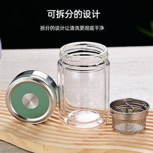 家用泡茶杯透明高硼硅耐高温带盖玻璃W矮胖水杯 双层玻璃杯新款