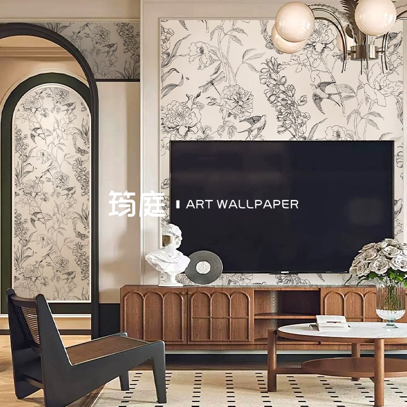 法式线描壁纸燕子沙发电视背景墙布定制壁画卧室壁布餐厅客厅墙纸