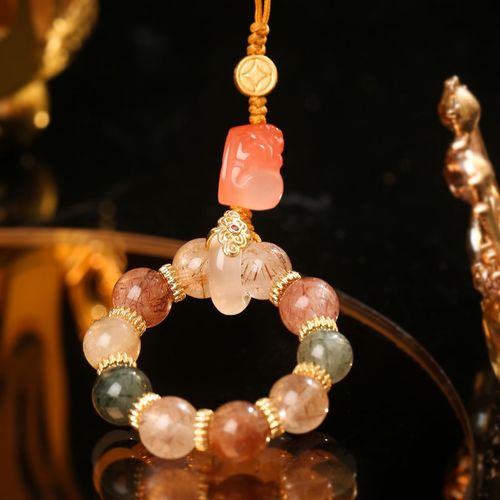 富贵钱母貔貅手机链 彩发晶金发晶 高端挂绳指环防摔手捻防丢挂件