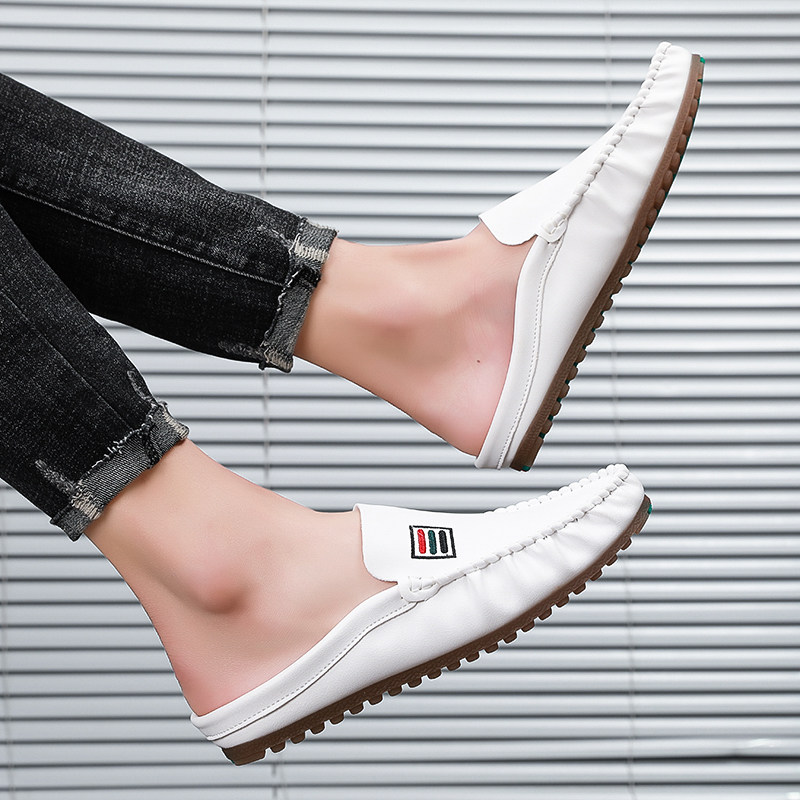 夏季包头半拖鞋男士皮鞋休闲懒人豆豆无后跟鞋夏天韩版潮流凉鞋子