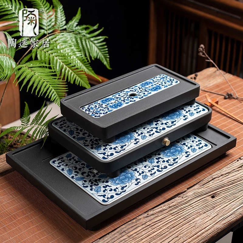 陶迷乌金石茶盘家用整块干泡盘简约茶台排蓄两用陶瓷青花面板托盘