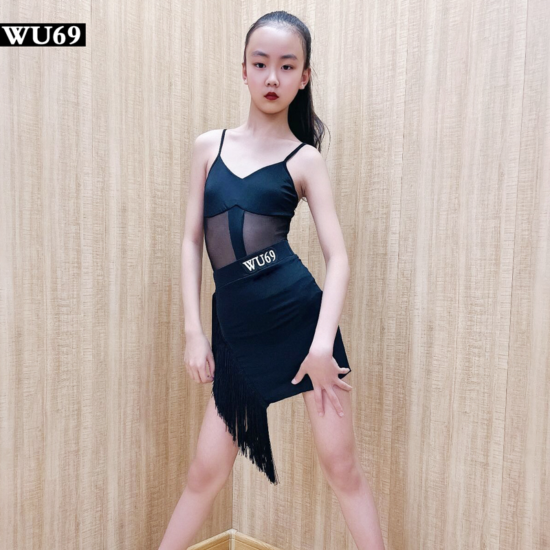 儿童拉丁舞表演服女高级舞蹈训练服少儿练功服黑色流苏拉丁舞裙夏