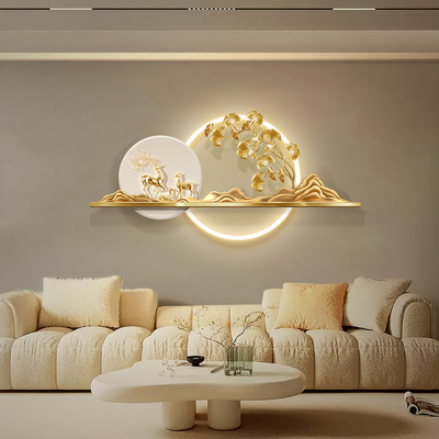 5D立体客厅装饰画高级感沙发背景墙实物银杏叶奶油风壁灯画寓意好